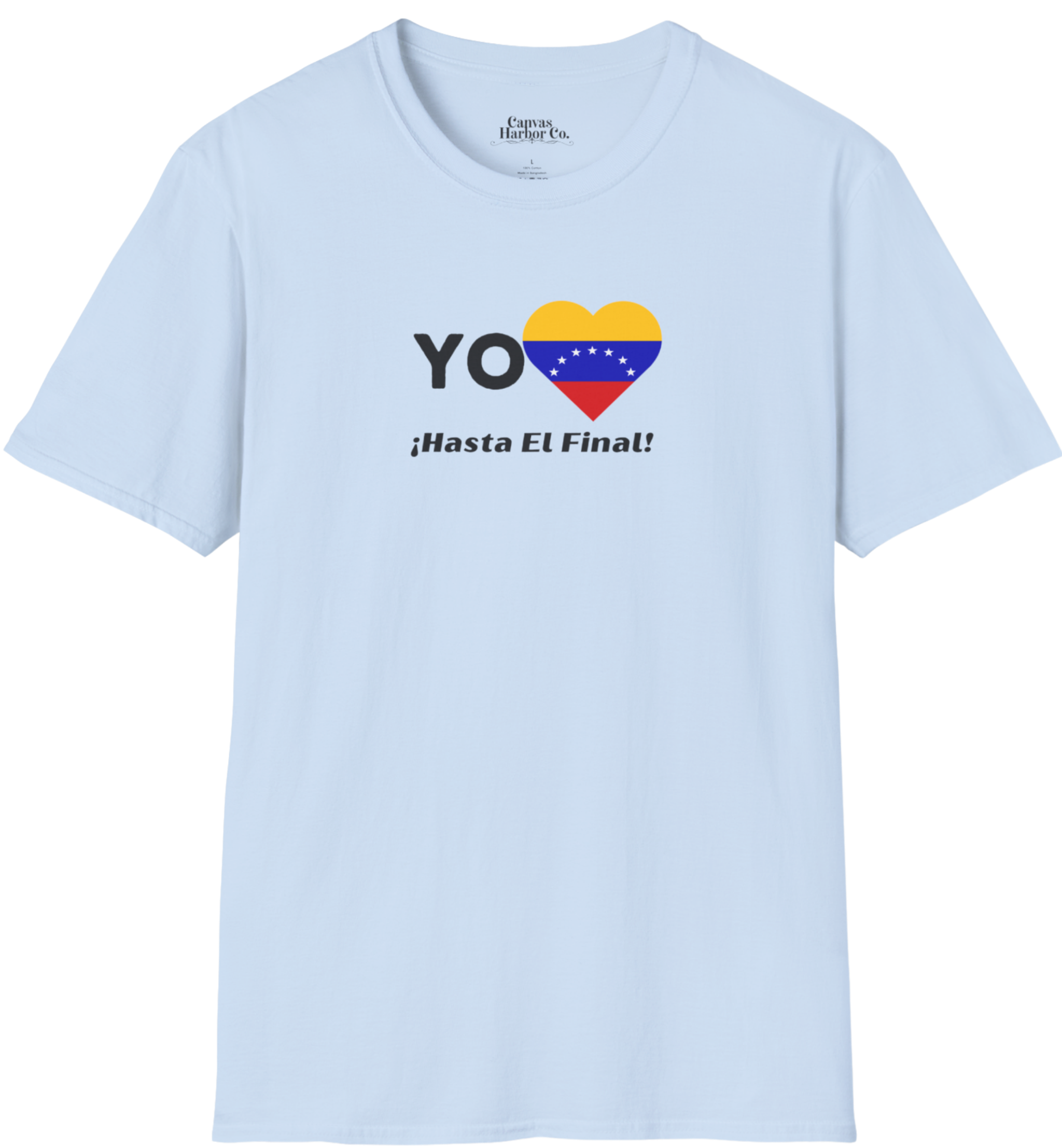 Franela azul claro con la bandera venezolana de 7 estrellas en forma de corazón, la palabra "YO" a la izquierda y el texto "¡HASTA EL FINAL!" debajo.