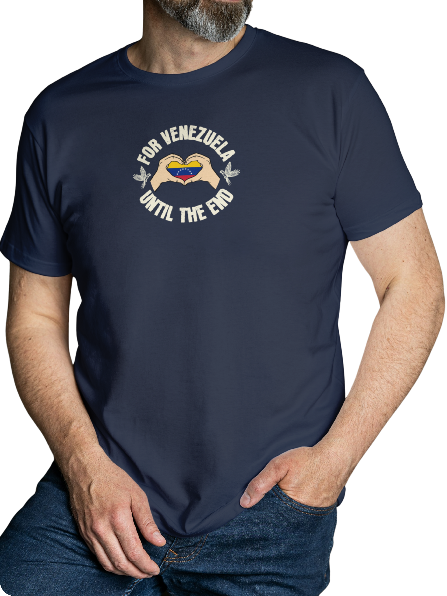 A man wears a dark blue T-shirt featuring the Venezuelan flag inside heart-shaped hands, the text "FOR VENEZUELA UNTIL THE END" around it, and one macaw on each side. 
