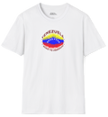 White T-shirt featuring an elliptical Venezuelan flag dotted with dots (like an explosion), with the word "VENEZUELA” at the top, the text “ROAD TO FREEDOM” below the flag, and 3 stars on each side. 