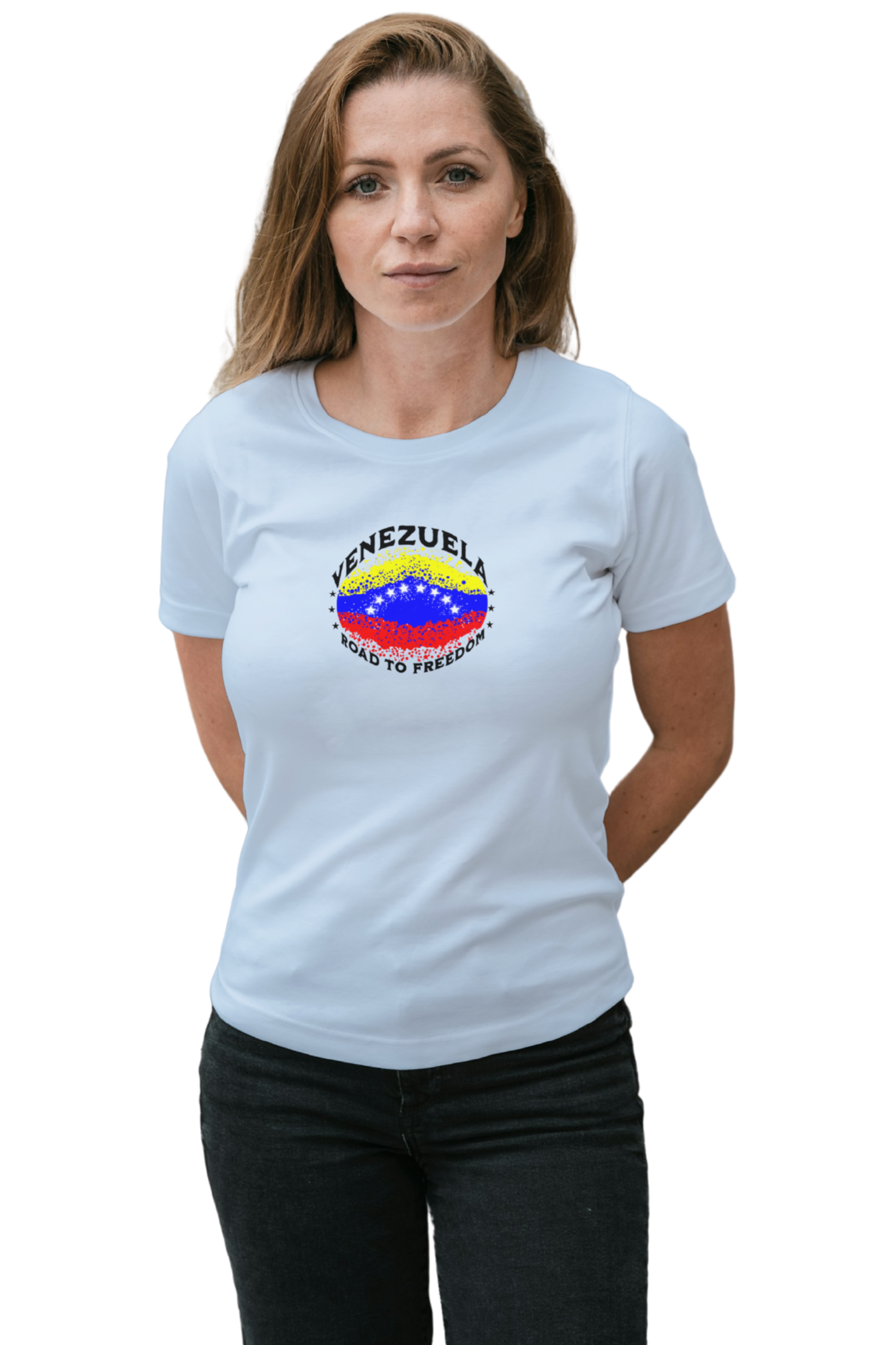 A woman wears a light blue T-shirt featuring an elliptical Venezuelan flag dotted with dots (like an explosion), with the word "VENEZUELA” at the top, the text “ROAD TO FREEDOM” below the flag, and 3 stars on each side.