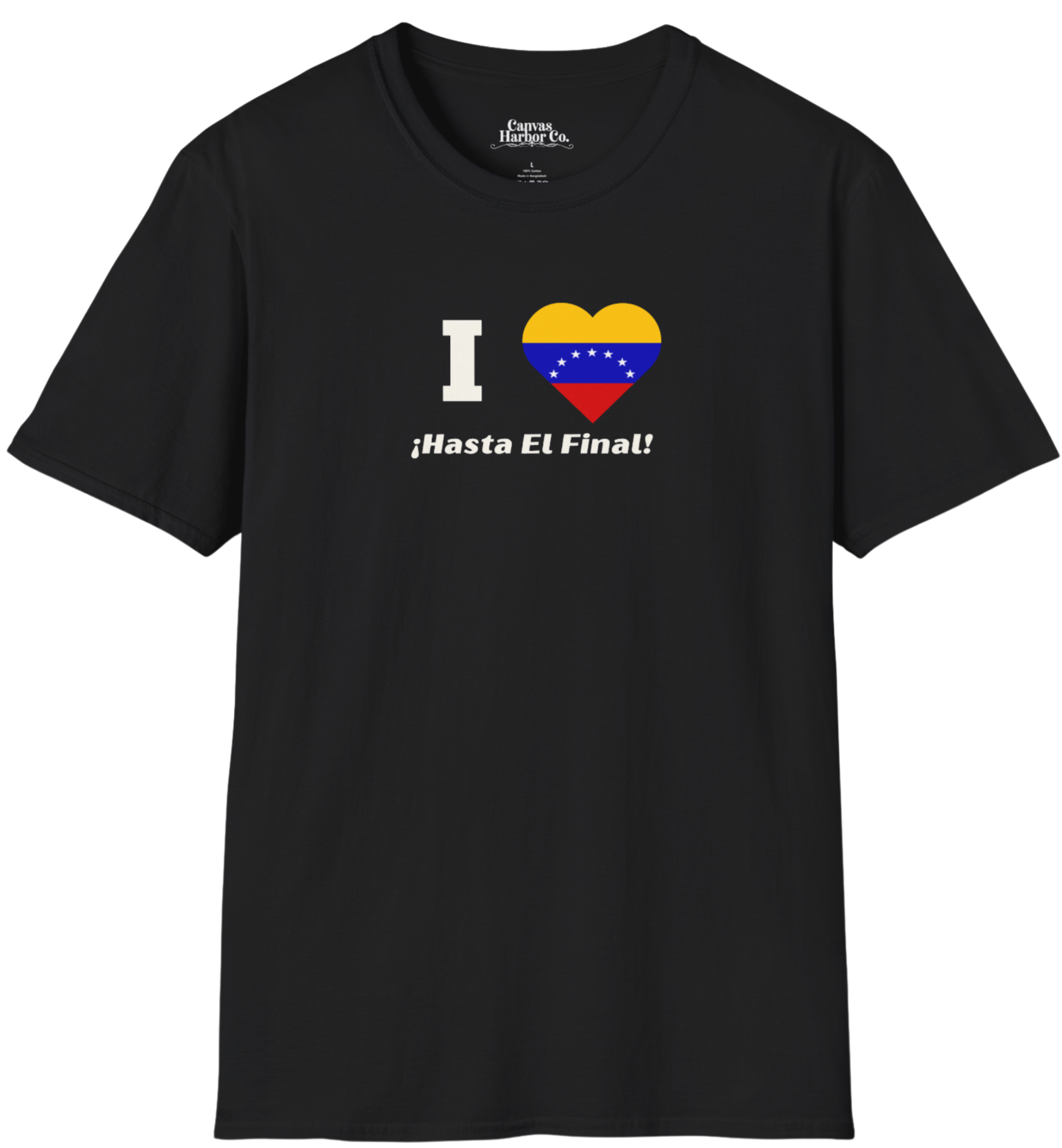 Black T-shirt featuring the 7-star Venezuelan flag in the shape of a heart, the word "I" on the left, and the text "¡HASTA EL FINAL!" below. 