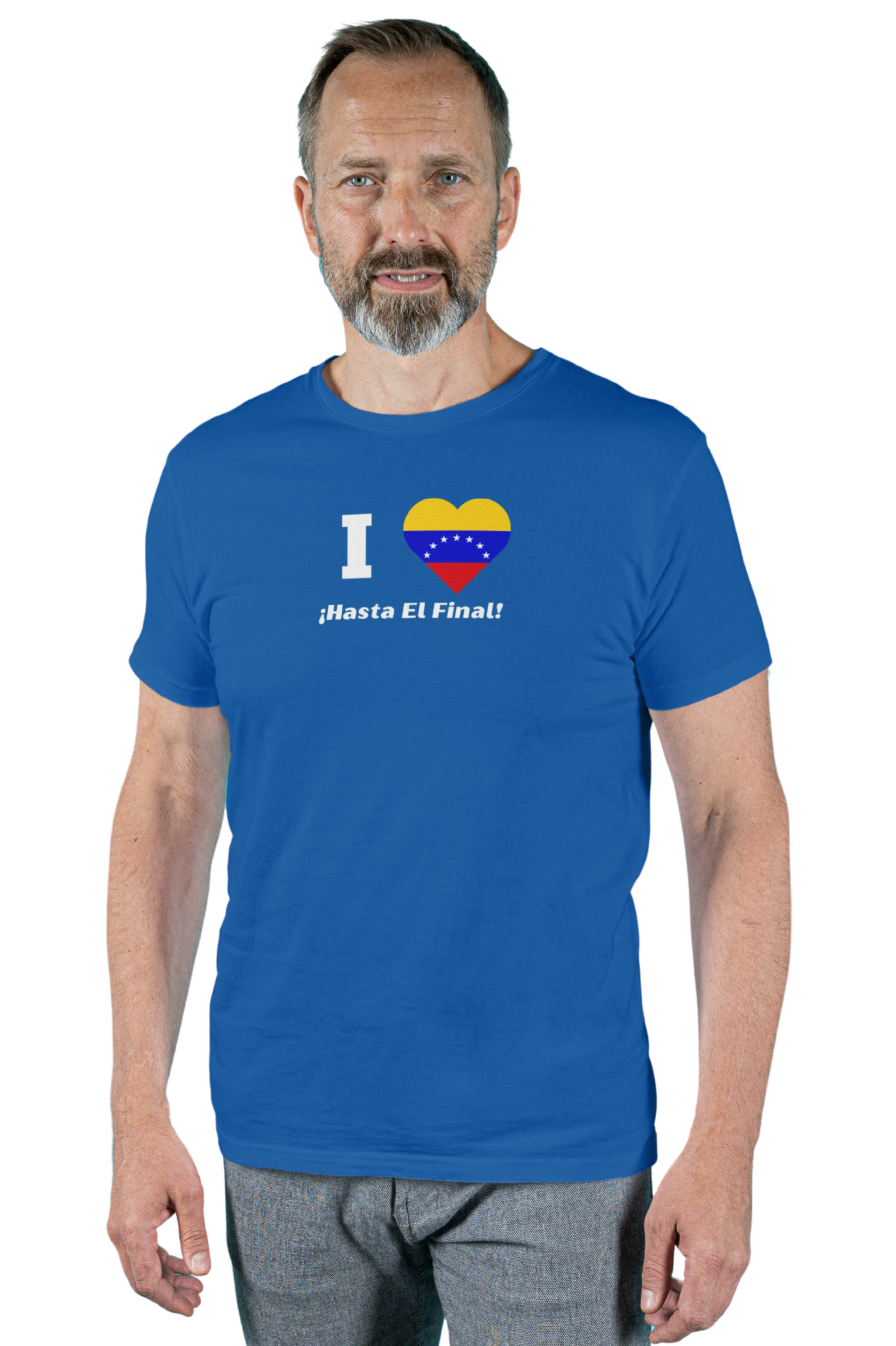 A man wears a blue T-shirt featuring the 7-star Venezuelan flag in the shape of a heart, the word "I" on the left, and the text "¡HASTA EL FINAL!" below.
