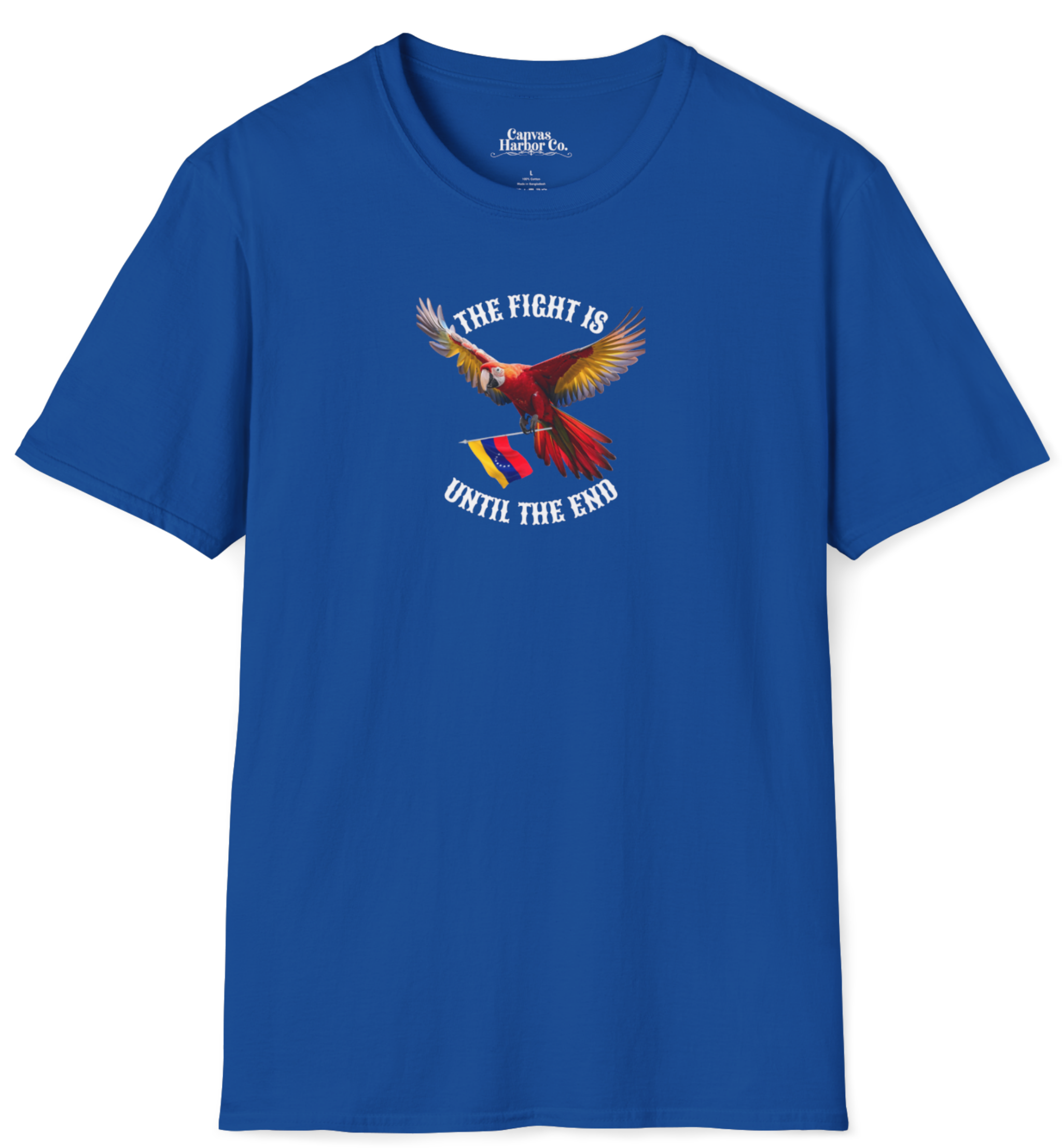 Blue T-shirt featuring an image of a macaw and the Venezuelan flag. The text "THE FIGHT IS UNTIL THE END" surrounds the bird.