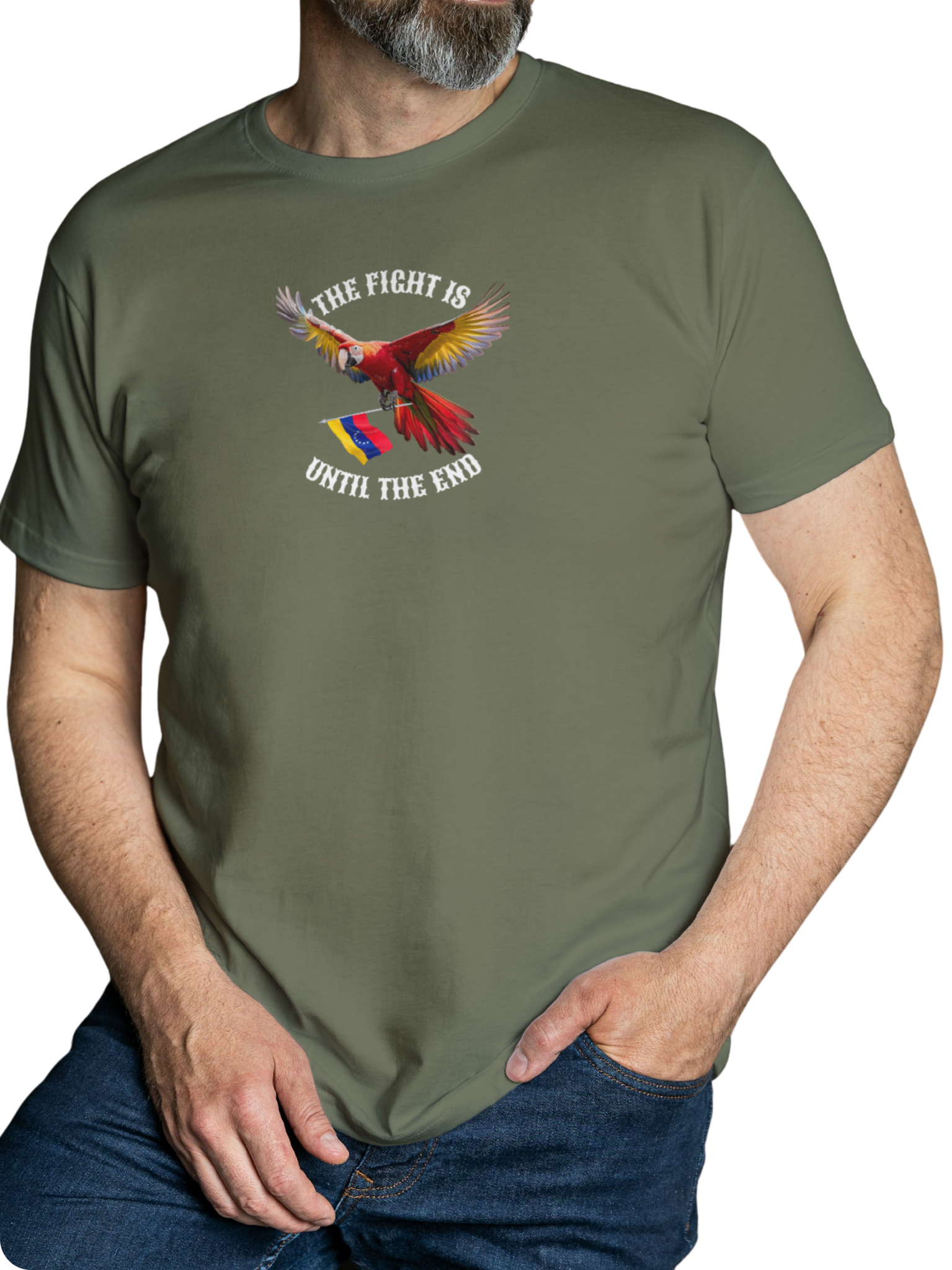 A man wears an olive-green T-shirt featuring an image of a macaw and the Venezuelan flag. The text "THE FIGHT IS UNTIL THE END" surrounds the bird.