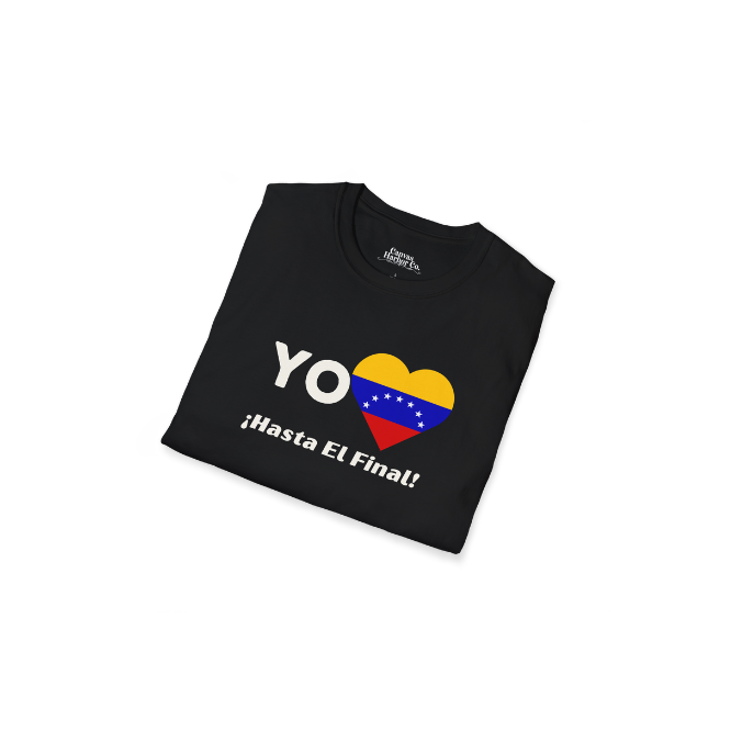 A folded black unisex t-shirt featuring a heart-shaped Venezuelan flag, the word "Yo" on the left, and the text "¡Hasta El Final!" reading below.
