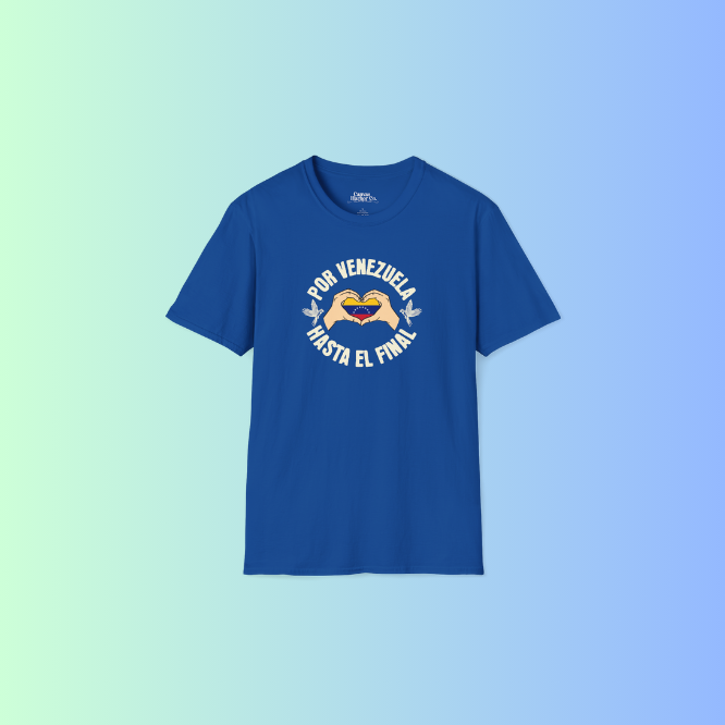 A blue unisex t-shirt featuring a Venezuelan flag inside heart-shaped hands, the text "Por Venezuela Hasta El Final", and a pair of macaws on either side.