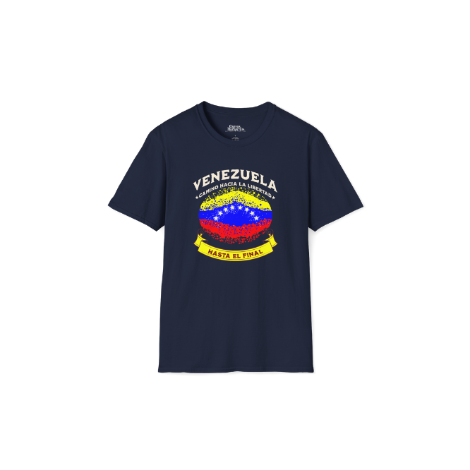 A navy unisex t-shirt featuring a colorful, elliptically Venezuelan flag dotted (like an explosion), with the text "Venezuela Camino Hacia La Libertad" at the top and "Hasta El Final" on a yellow ribbon below the flag.