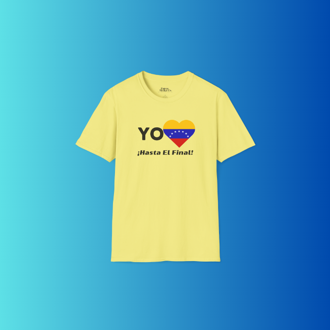 A pale-yellow unisex t-shirt featuring a heart-shaped Venezuelan flag, the word "Yo" on the left, and the text "¡Hasta El Final!" reading below.