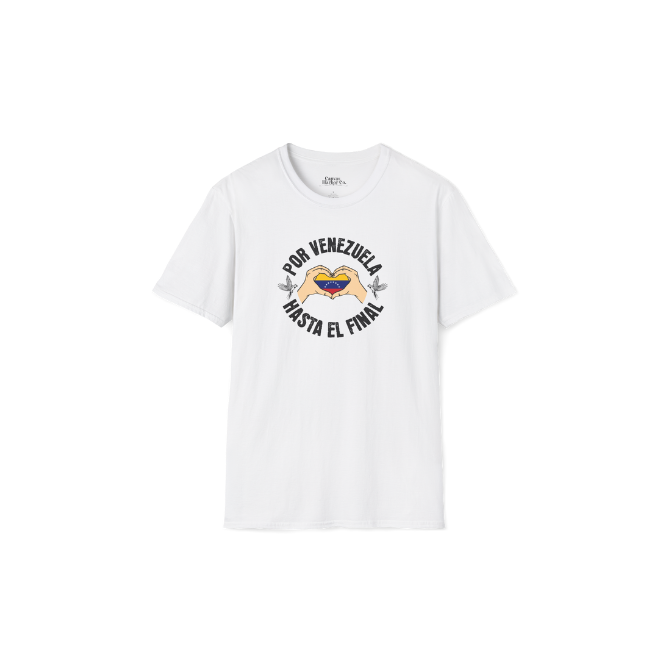 A white unisex t-shirt featuring a Venezuelan flag inside heart-shaped hands, the text "Por Venezuela Hasta El Final", and a pair of macaws on either side.