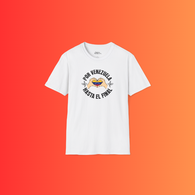 A white unisex t-shirt featuring a Venezuelan flag inside heart-shaped hands, the text "Por Venezuela Hasta El Final", and a pair of macaws on either side.