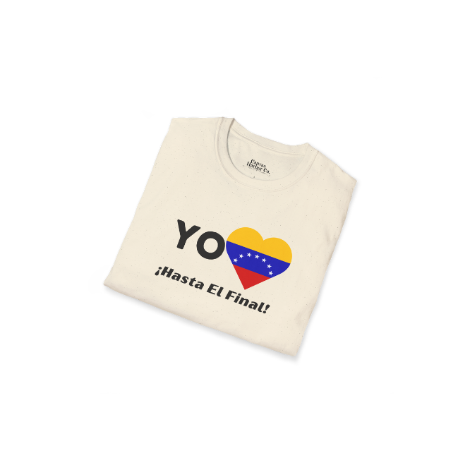 A white unisex t-shirt featuring a heart-shaped Venezuelan flag, the word "Yo" on the left, and the text "¡Hasta El Final!" reading below.