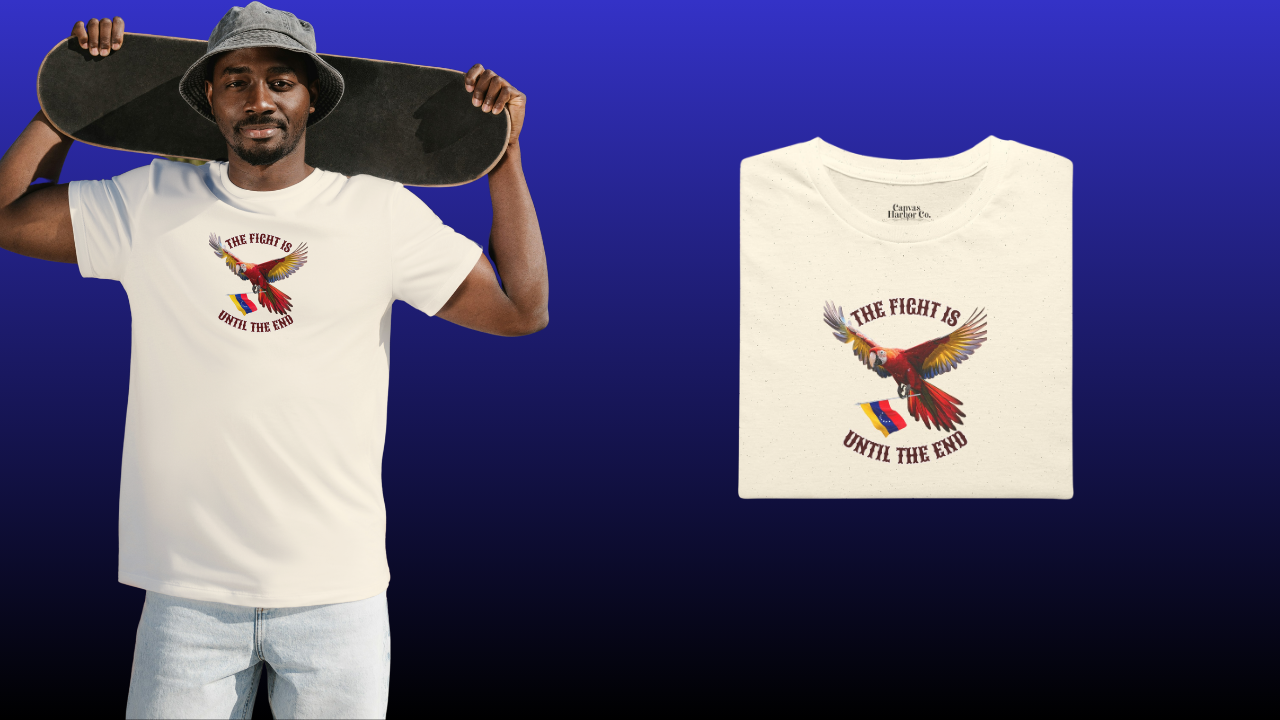 Pale orange folded T-shirt featuring an image of a macaw and the Venezuelan flag. The text "THE FIGHT IS UNTIL THE END" surrounds the bird.
On the left, an Afro-American man wears the T-shirt. He’s standing, holding his skateboard behind his head.